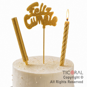 ADORNO DE TORTA SET FELIZ CUMPLE CON BENGALA Y VELA 9 CM GIBRE ORO x 1